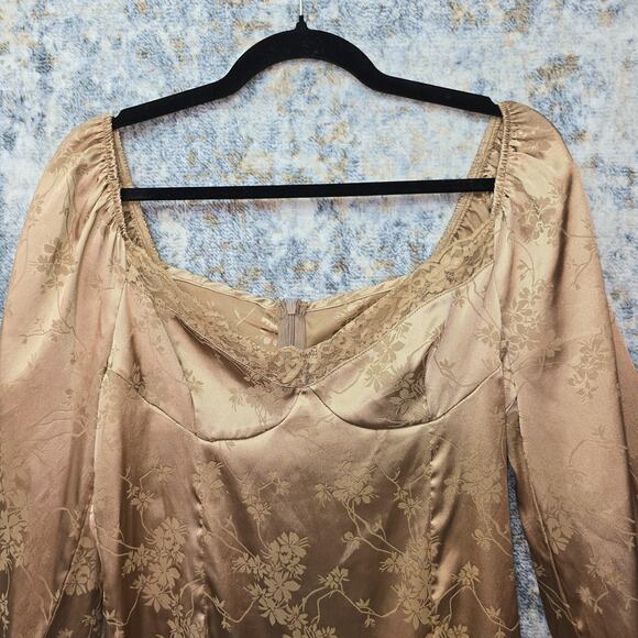SHEIN Slip Dress Womens Medium Gold Floral Lace Long Sleeve Jacquard Mini Party - Picture 8 of 11